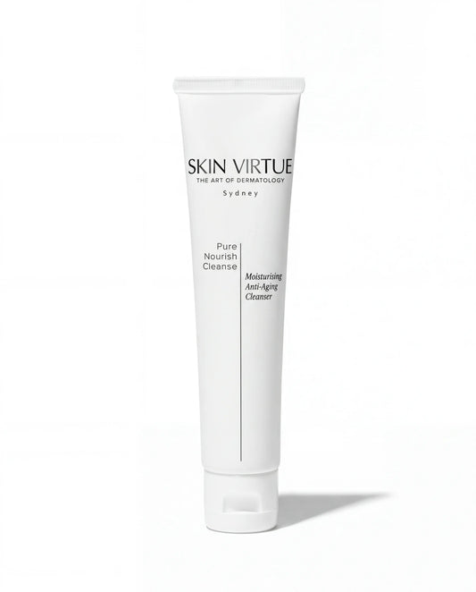 White skincare tube labeled 'Skin Virtue' Pure_Nourish_Cleanse on a white background