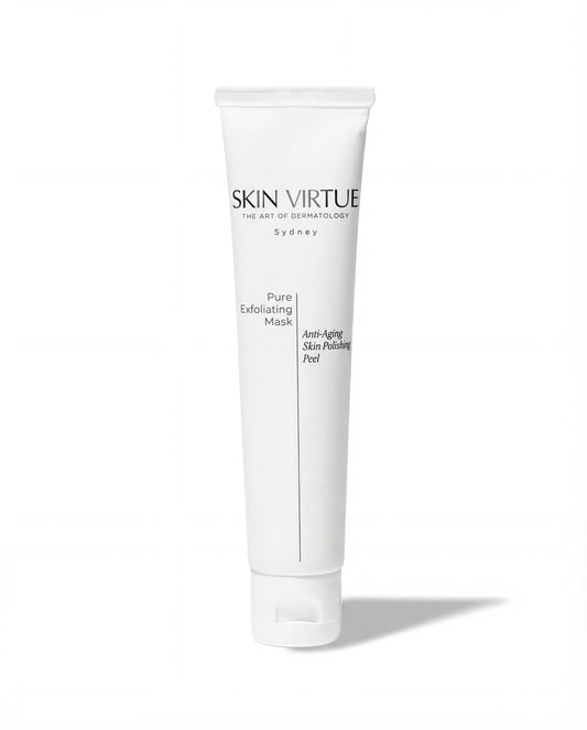 White skincare tube labeled 'Skin Virtue Pure_Exfoliating_Mask' on a white background