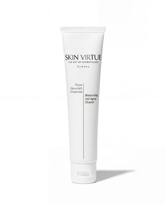 White skincare tube labeled 'Skin Virtue' Pure_Nourish_Cleanse on a white background