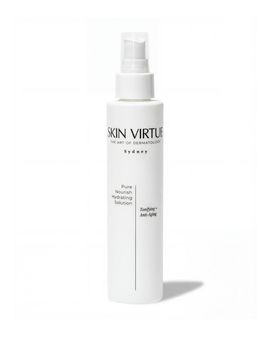 White skincare bottle labeled 'Skin Virtue' Pure_Nourish_Hydrating_Solution on a white background