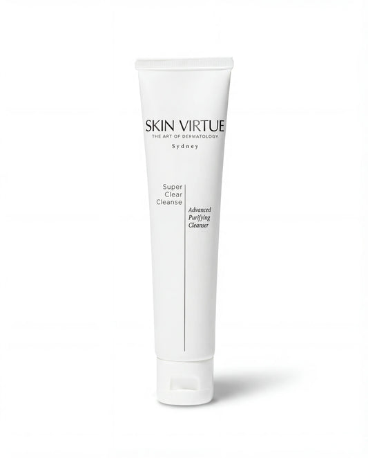 White tube of Skin Virtue Super_Clear_Cleanser on a white background