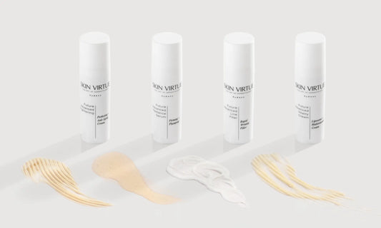 Skin Virtue clinic-grade cosmeceutical skincare products arranged with texture samples showing dermatologist-developed formulations for sensitive skin