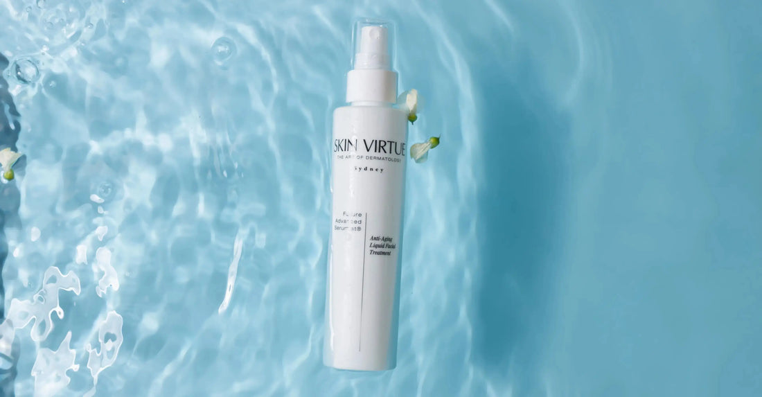 Skin Virtue Future Advanced Serumist displayed over blue water