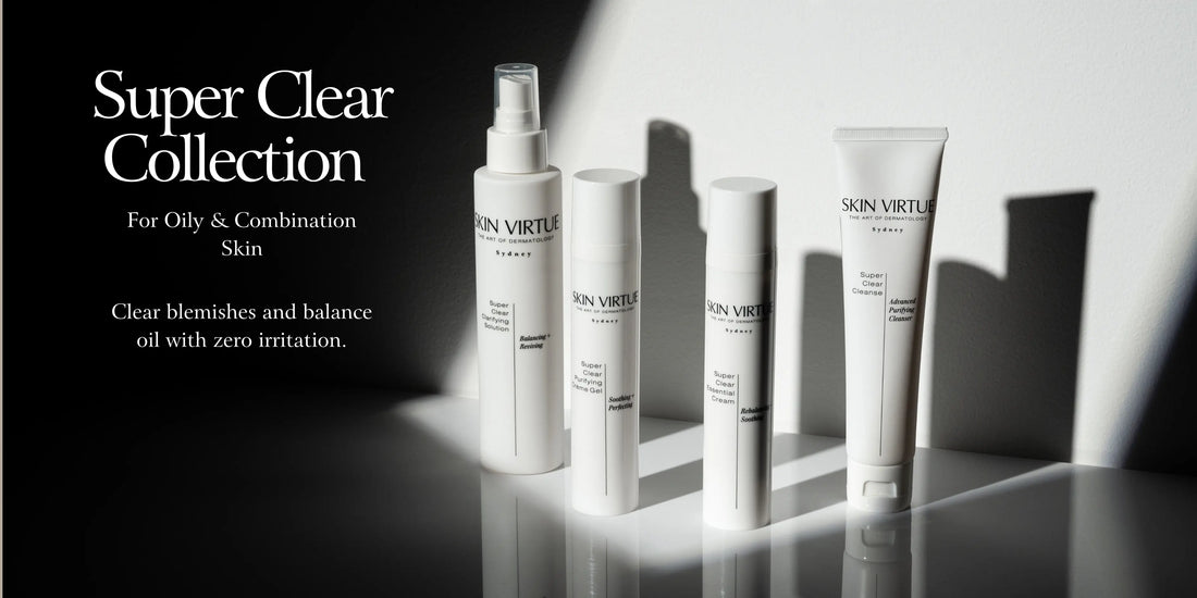 Skin Virtue Super Clear Collection banner showing Australian clinic-grade cosmeceutical skincare system for sensitive skin