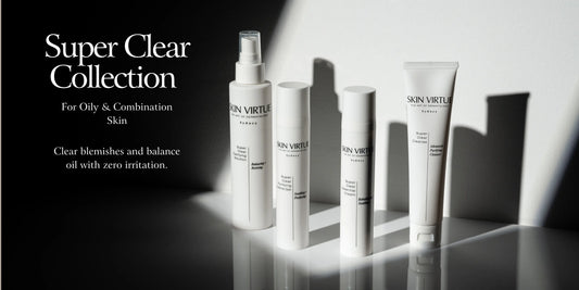 Skin Virtue Super Clear Collection banner showing Australian clinic-grade cosmeceutical skincare system for sensitive skin