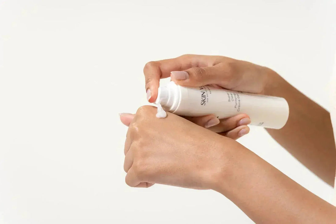 Skin Virtue - Super Clear Purifying Crème Gel formulation being poured onto a hand