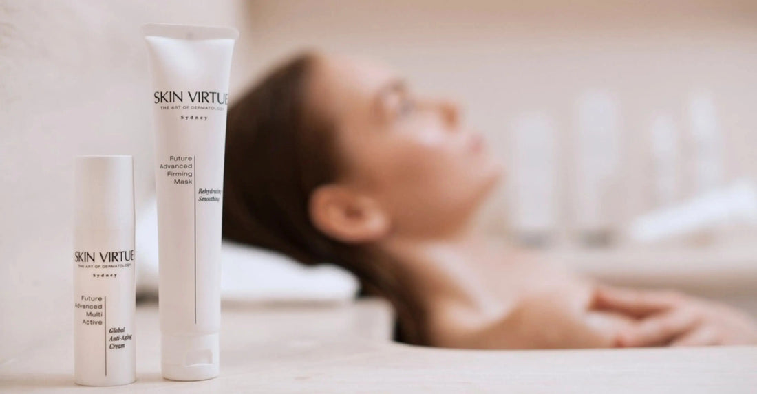 Skin Virtue Future Advanced products beside a client receiving a professional facial treatment