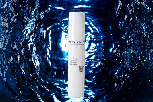 Skin Virtue Pure Nourish Cleanse with deep blue water back ground