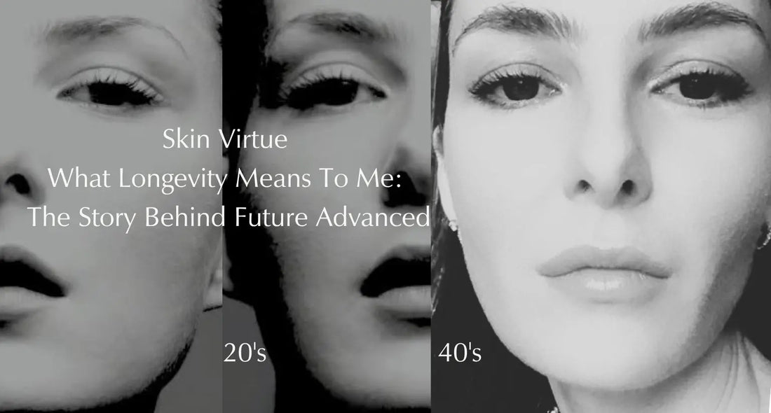 Nina Williams in her 20s and 40s, illustrating the Skin Virtue philosophy that skin longevity is about supporting skin quality, resilience and healthy ageing over time.