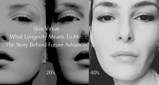 Nina Williams in her 20s and 40s, illustrating the Skin Virtue philosophy that skin longevity is about supporting skin quality, resilience and healthy ageing over time.