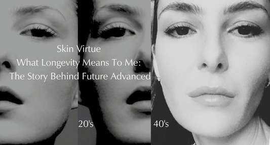 Nina Williams in her 20s and 40s, illustrating the Skin Virtue philosophy that skin longevity is about supporting skin quality, resilience and healthy ageing over time.