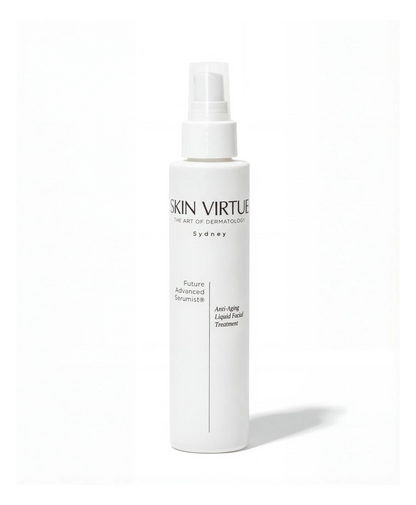 White skincare bottle labeled 'Skin Virtue Future_Advanced_Serumist' on a white background