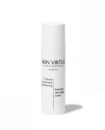Skincare cream bottle labeled 'Skin Virtue Future_Advanced_Brightening_Cream' on a white background