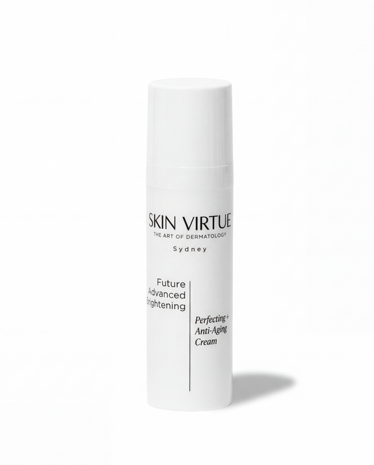 Skincare cream bottle labeled 'Skin Virtue Future_Advanced_Brightening_Cream' on a white background