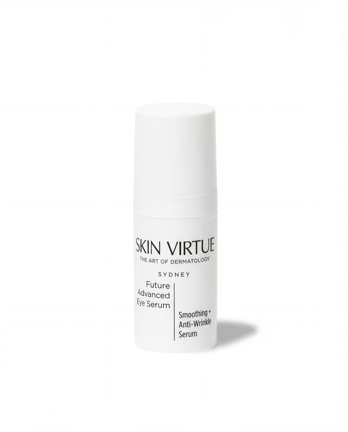 Skincare serum bottle labeled 'Skin Virtue Future_Advanced_Eye_Serum' on a white background