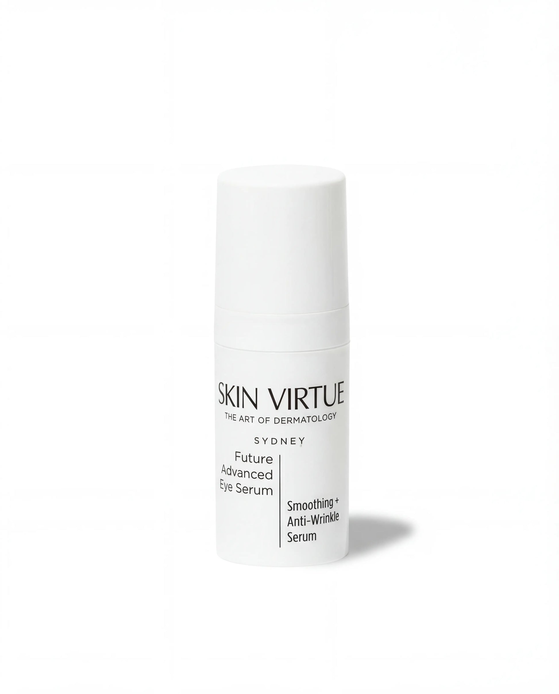 Skincare serum bottle labeled 'Skin Virtue Future_Advanced_Eye_Serum' on a white background