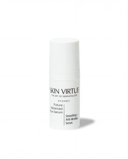 Skincare serum bottle labeled 'Skin Virtue Future_Advanced_Eye_Serum' on a white background