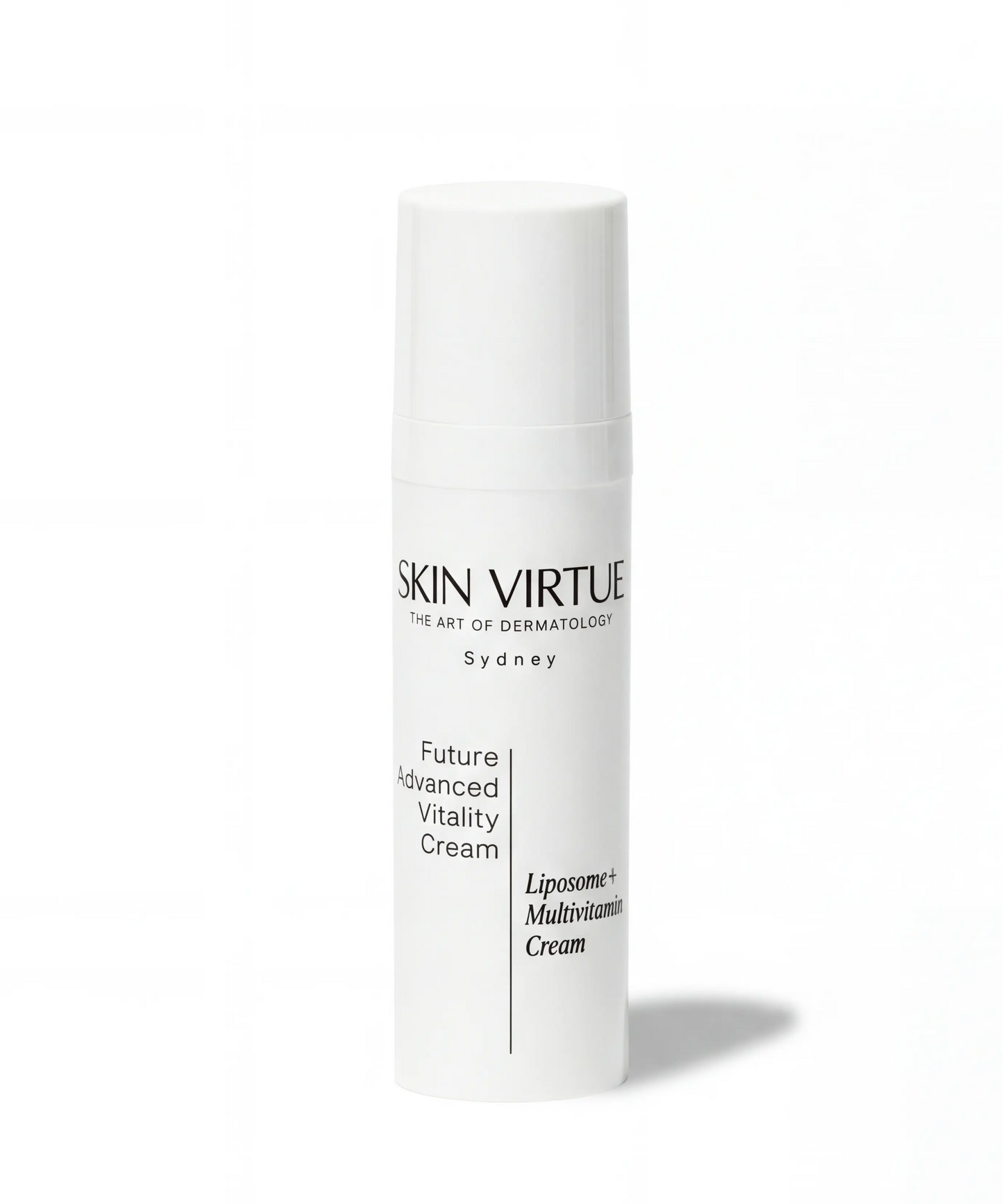 Skincare cream tube labeled 'Skin Virtue Future_Advanced_Vitality_Cream' on a white background