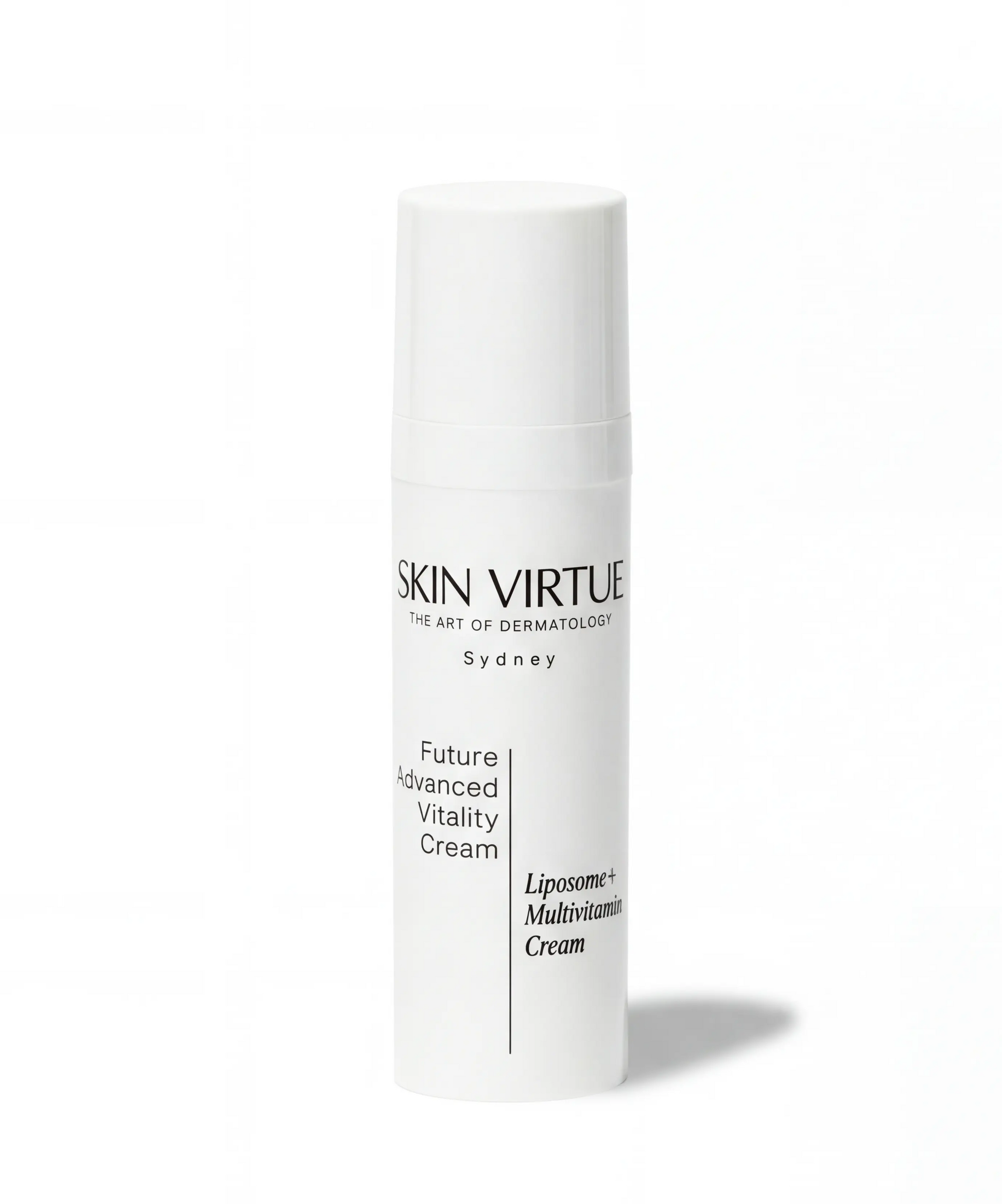 Skincare cream tube labeled 'Skin Virtue Future_Advanced_Vitality_Cream' on a white background
