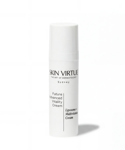 Skincare cream tube labeled 'Skin Virtue Future_Advanced_Vitality_Cream' on a white background