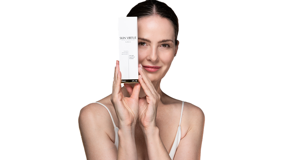 Nina Williams - Founder of Skin Virtue with dark hair pulled back, wears a white camisole and holds a tall white  Skin Virtue - Future Advanced Serumist®  rectangular box in front of her face against a plain white background.