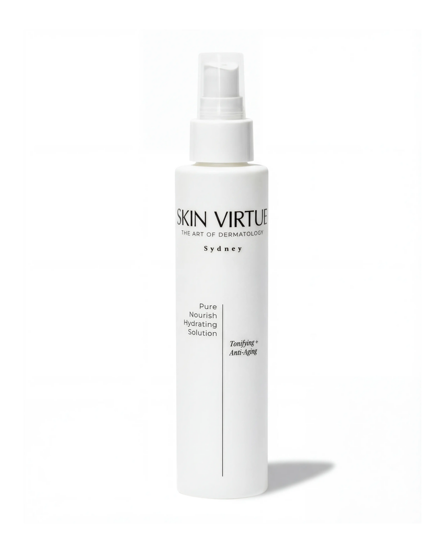 White skincare bottle labeled 'Skin Virtue' Pure_Nourish_Hydrating_Solution on a white background