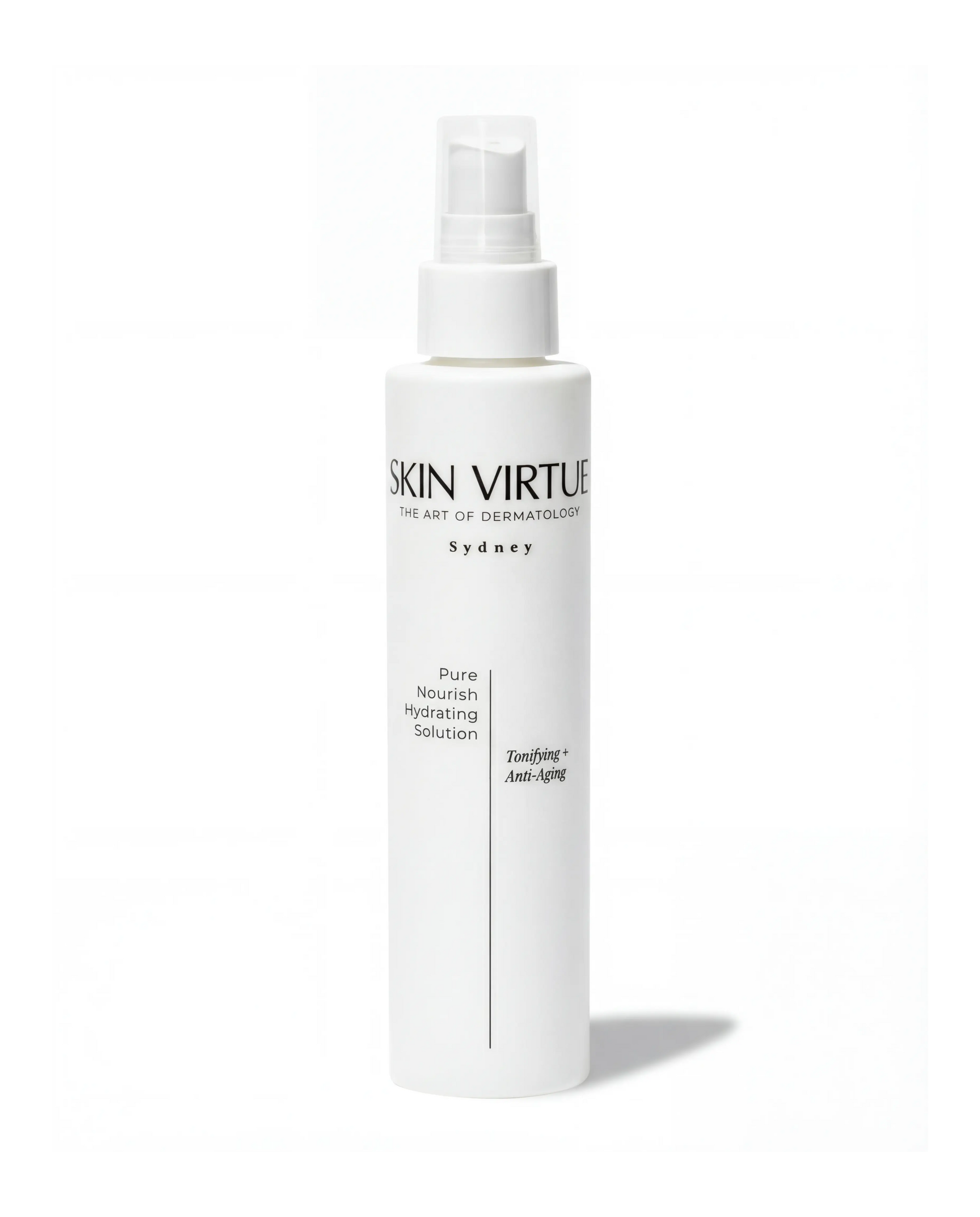 White skincare bottle labeled 'Skin Virtue' Pure_Nourish_Hydrating_Solution on a white background