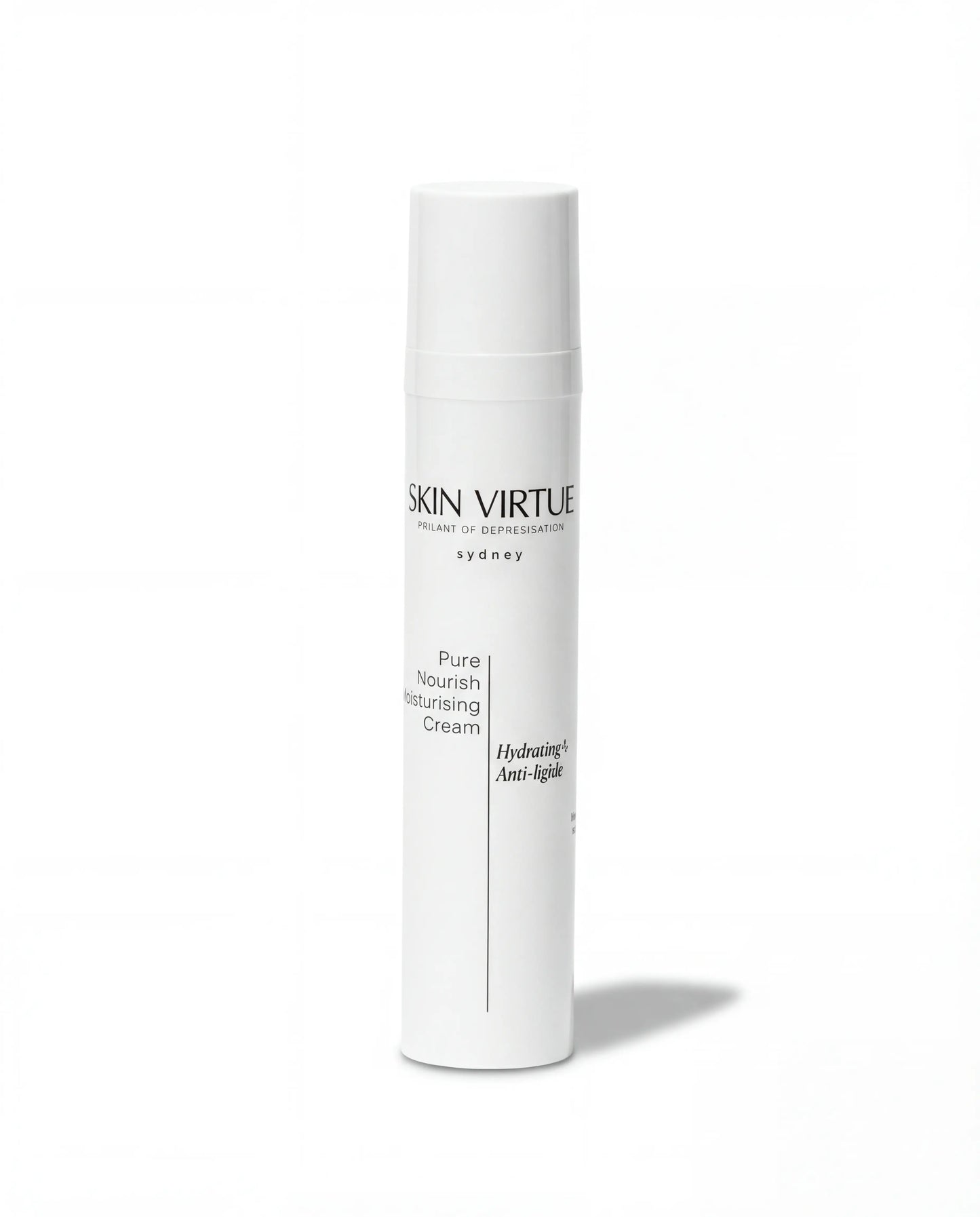 White skincare bottle labeled 'Skin Virtue' Pure_Nourish_Moisturising_Cream on a white background