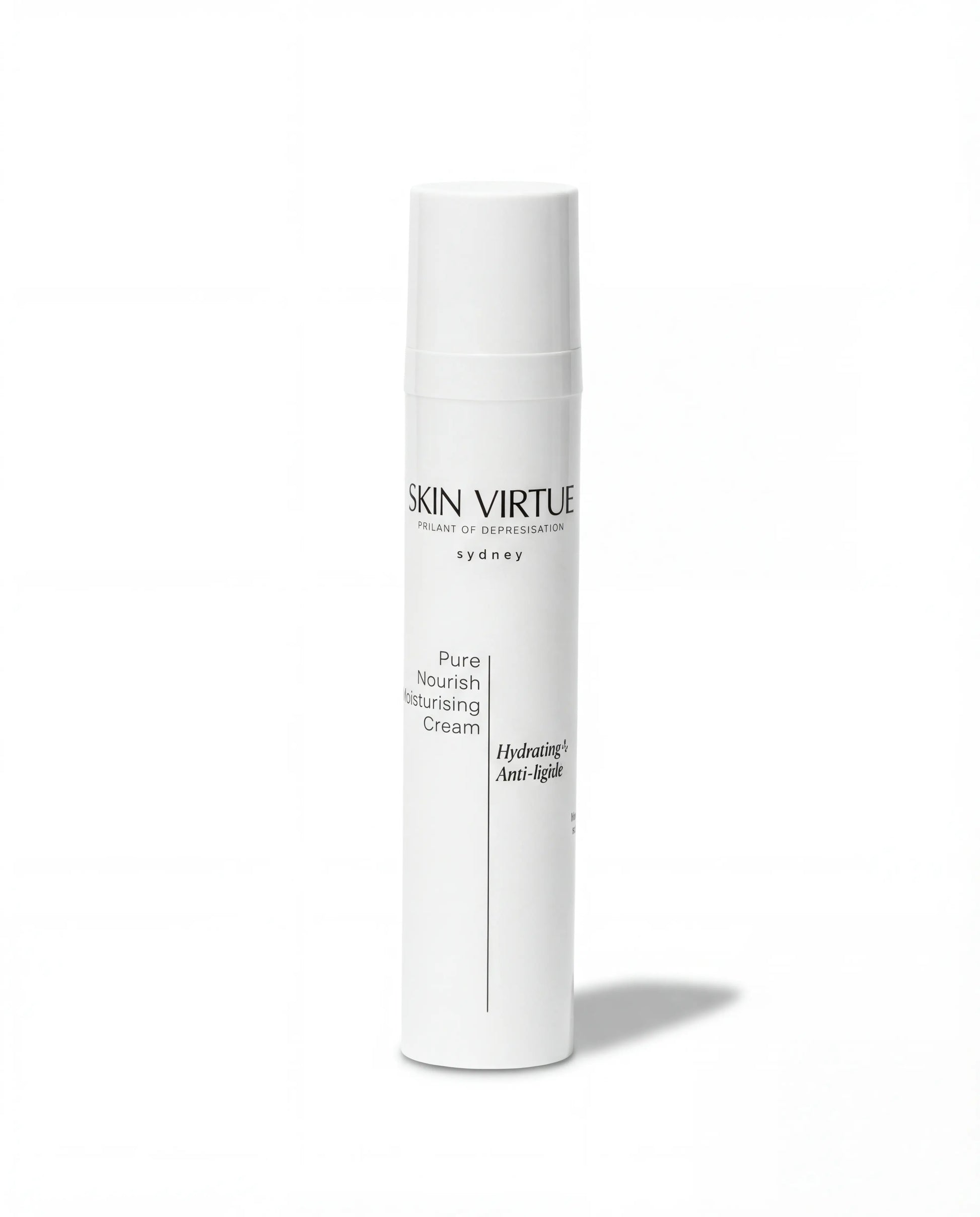 White skincare bottle labeled 'Skin Virtue' Pure_Nourish_Moisturising_Cream on a white background