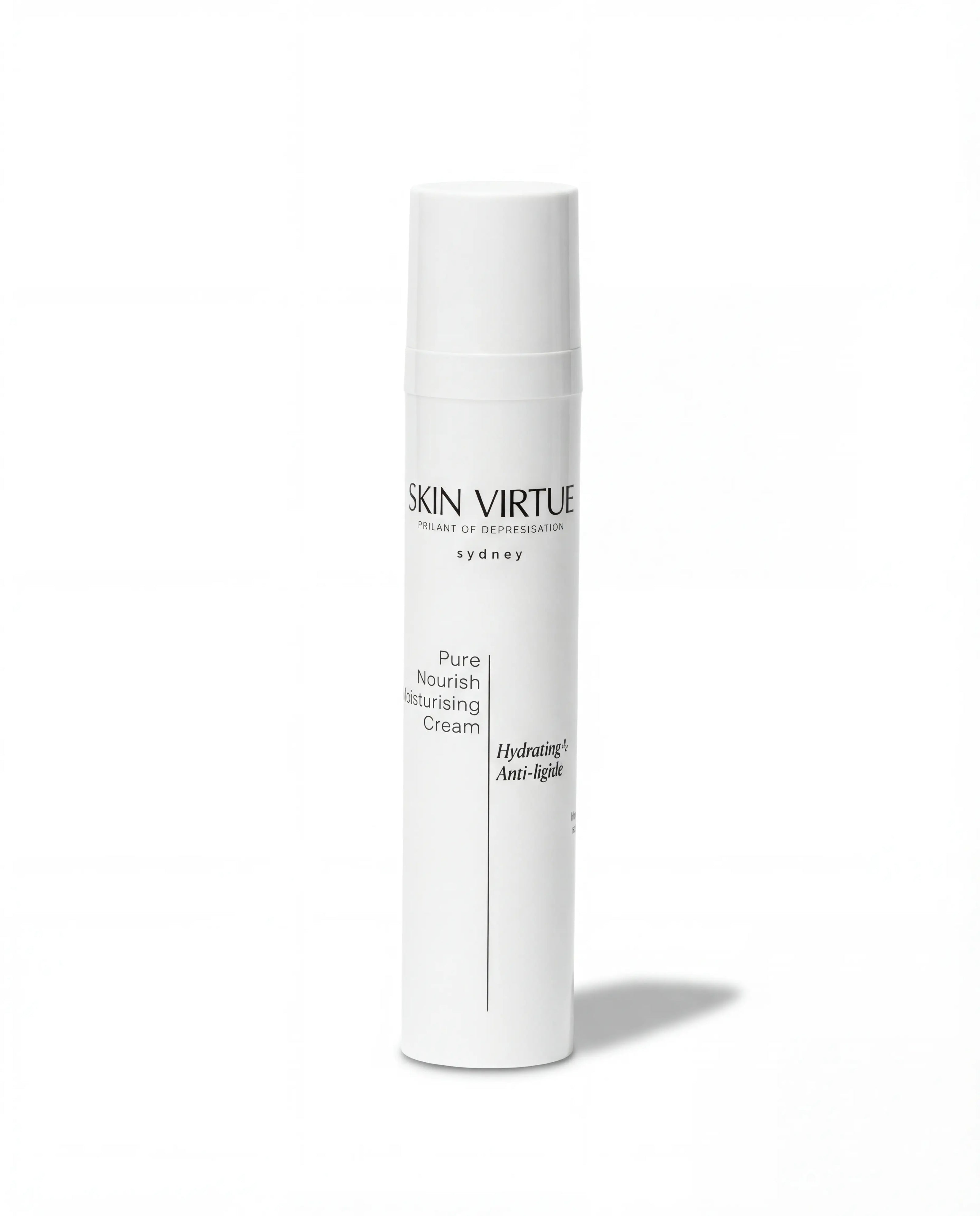 White skincare bottle labeled 'Skin Virtue' Pure_Nourish_Moisturising_Cream on a white background