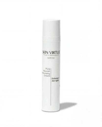 White skincare bottle labeled 'Skin Virtue' Pure_Nourish_Moisturising_Cream on a white background