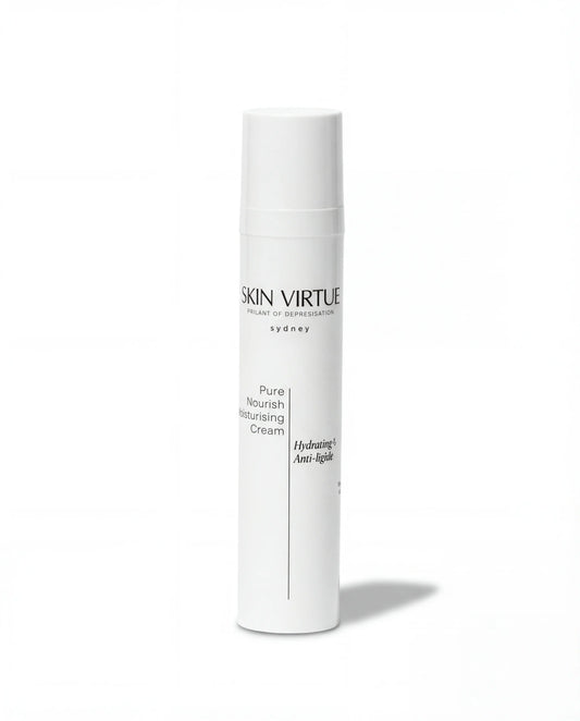 White skincare bottle labeled 'Skin Virtue' Pure_Nourish_Moisturising_Cream on a white background