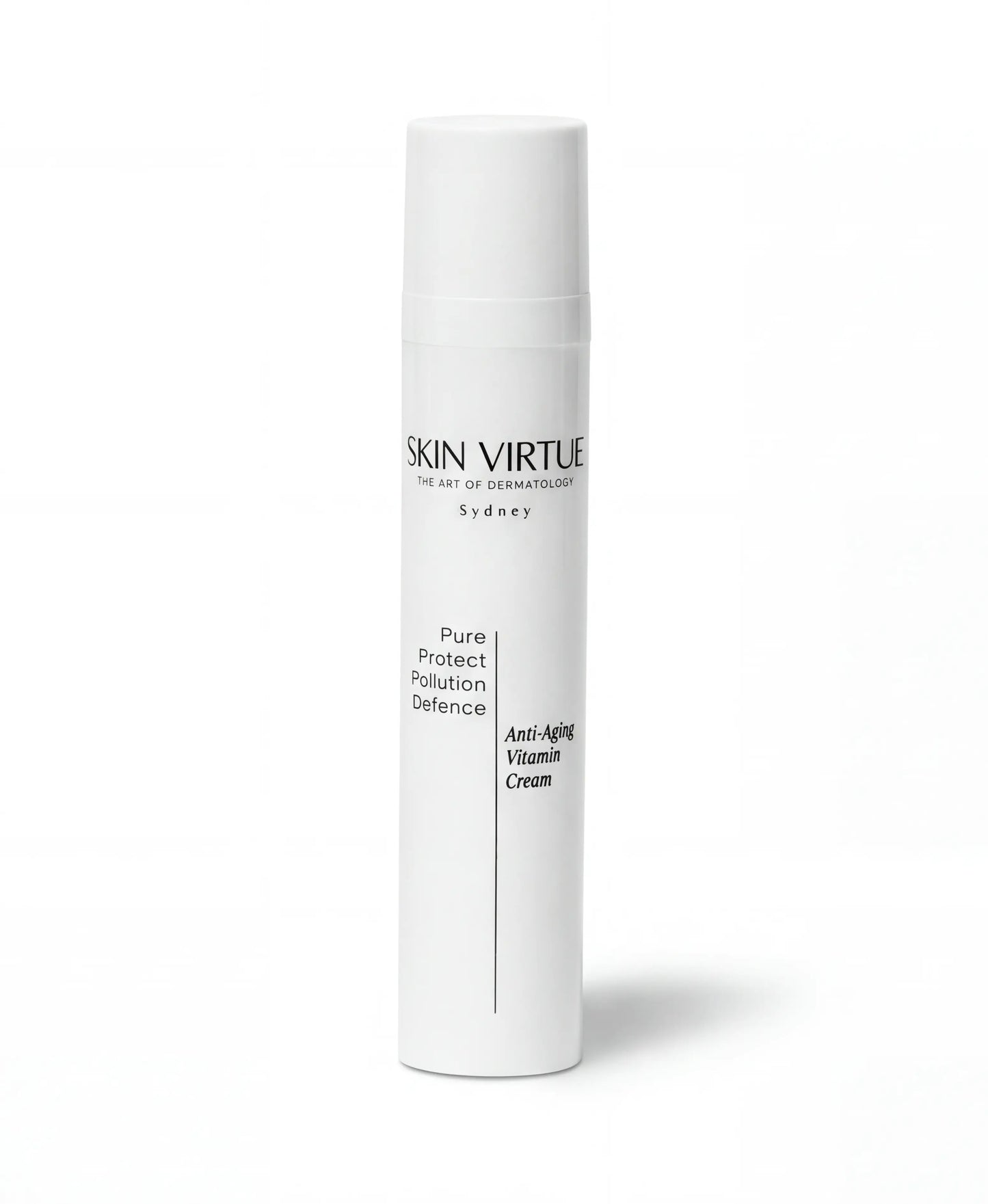 White skincare product tube with 'Skin Virtue' pure_protect_pollution_Defence branding on a white background