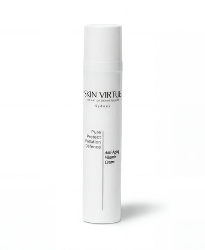 White skincare product tube with 'Skin Virtue' pure_protect_pollution_Defence branding on a white background