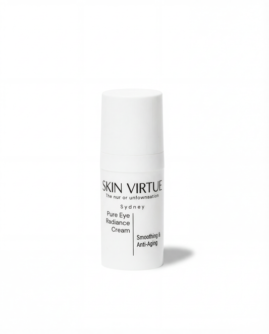 Skincare cream bottle labeled 'Skin Virtue Pure_Eye_Radiance_Cream' on a white background