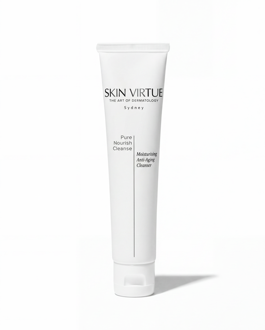 White skincare tube labeled 'Skin Virtue' Pure_Nourish_Cleanse on a white background