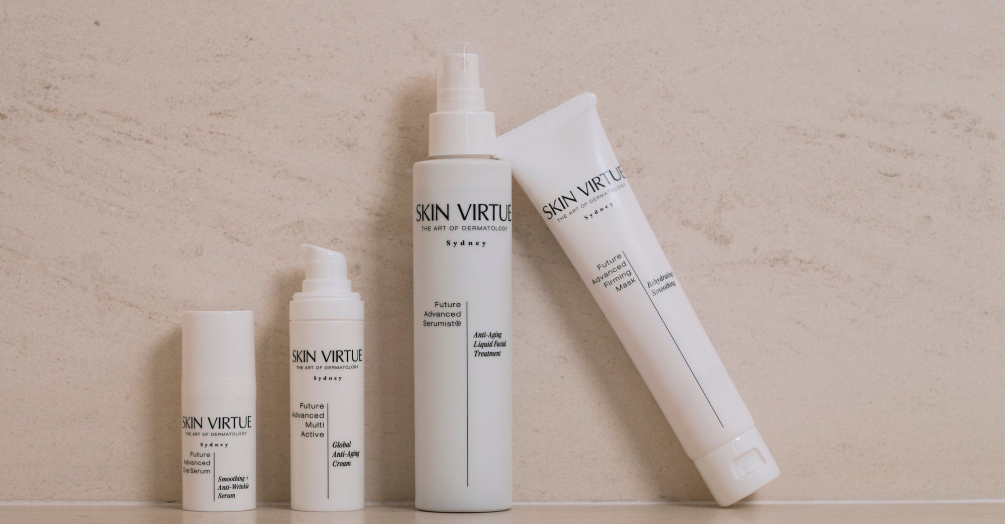 Set of Skin Virtue Future Advanced Collection skincare products on a beige background