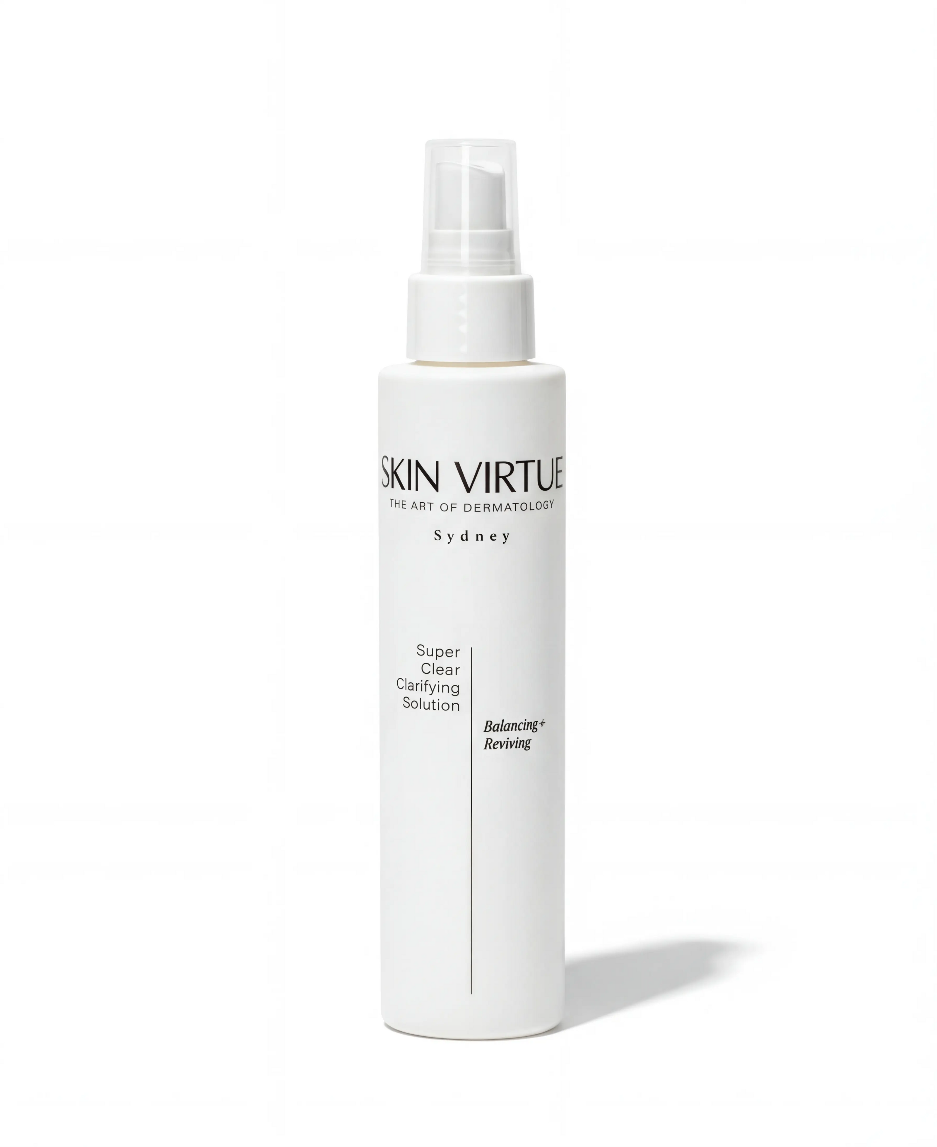 White bottle of Skin Virtue Super Clear Clarifying Solution on a white background