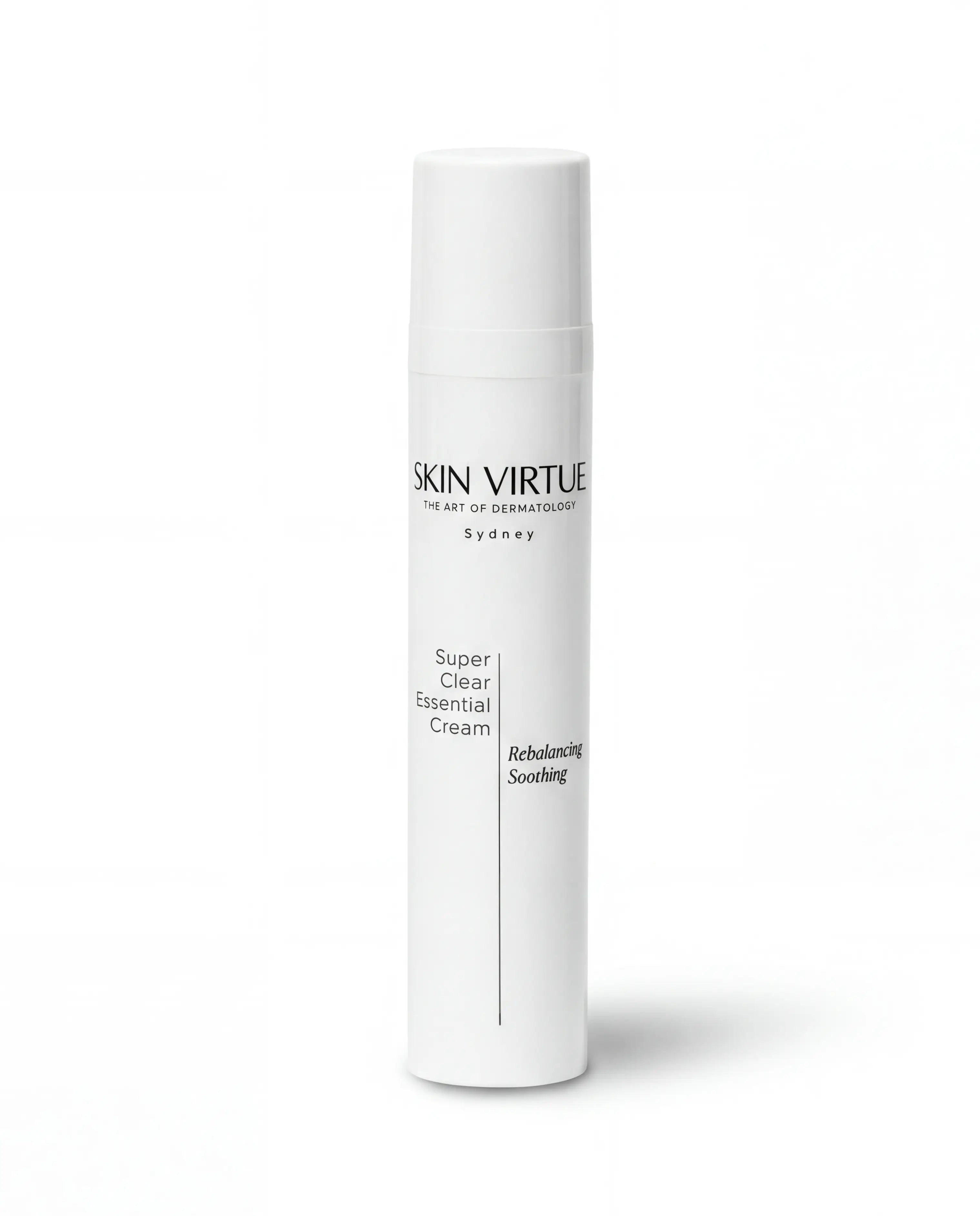 Skincare cream bottle labeled 'Skin Virtue' Super_Clear_Essential_Cream on a white background