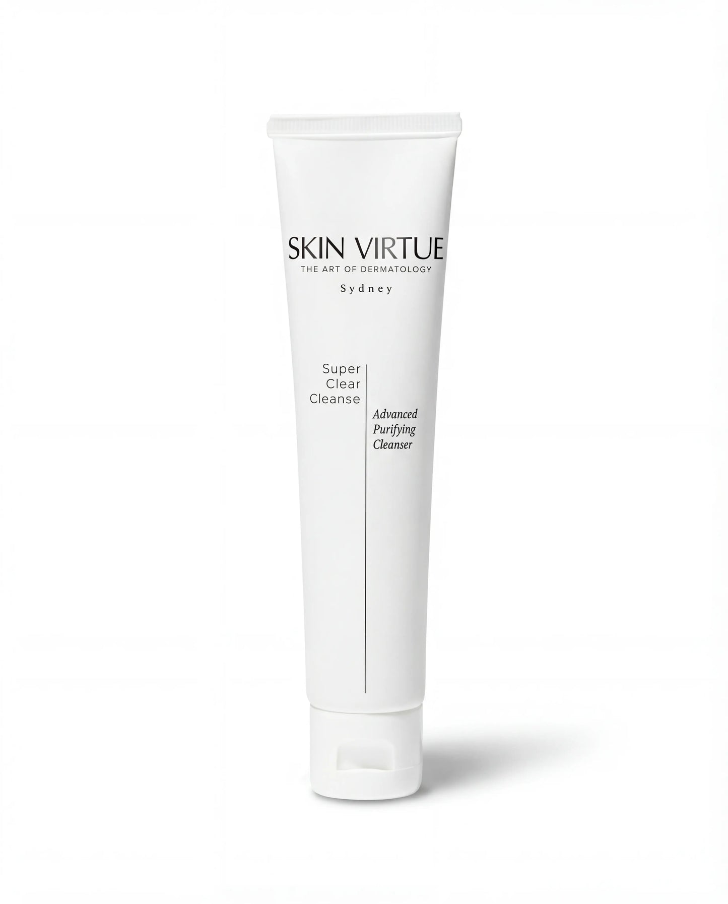 White tube of Skin Virtue Super_Clear_Cleanser on a white background