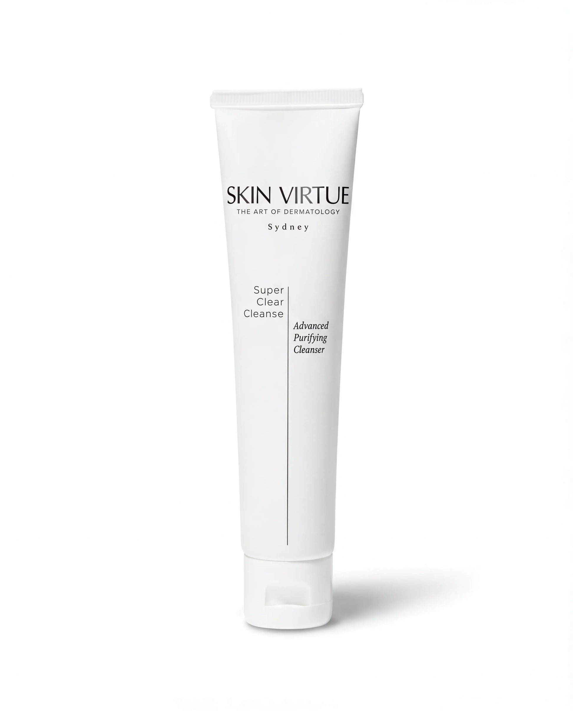 White tube of Skin Virtue Super_Clear_Cleanser on a white background