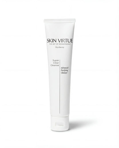 White tube of Skin Virtue Super_Clear_Cleanser on a white background