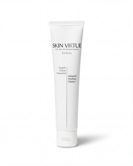 White tube of Skin Virtue Super_Clear_Cleanser on a white background