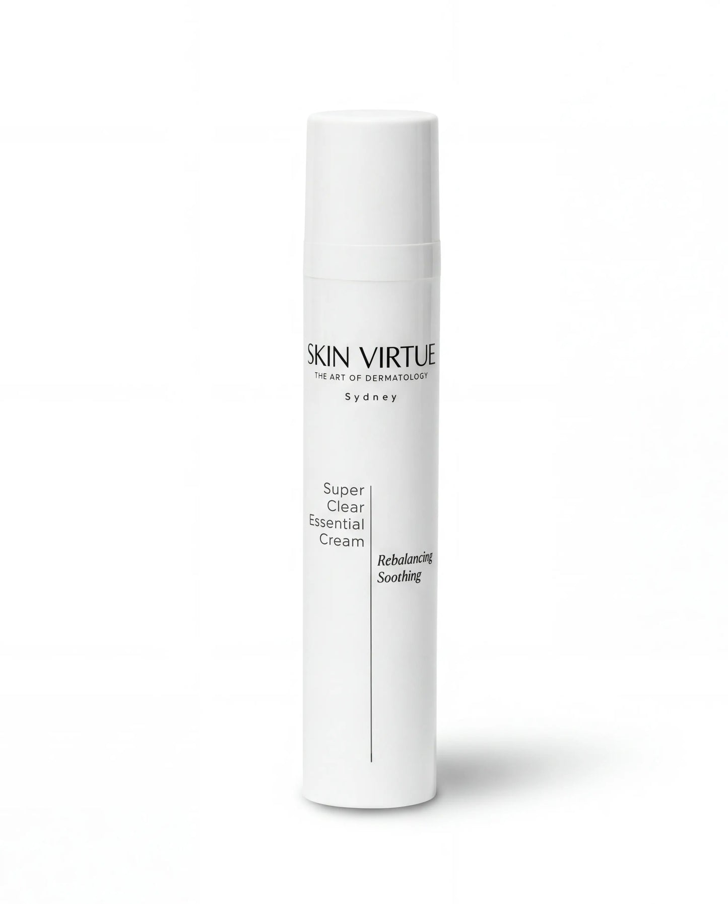 Skincare cream bottle labeled 'Skin Virtue' Super_Clear_Essential_Cream on a white background