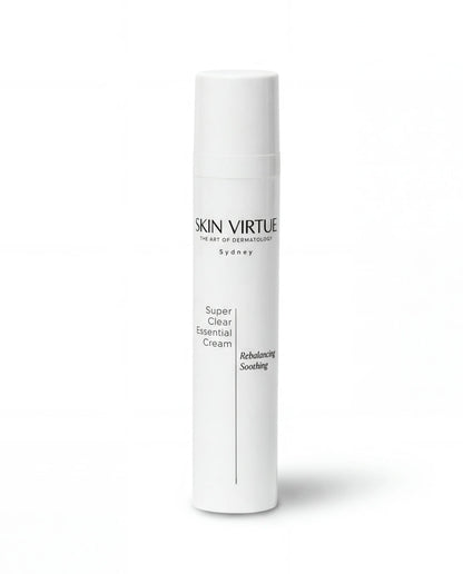 Skincare cream bottle labeled 'Skin Virtue' Super_Clear_Essential_Cream on a white background