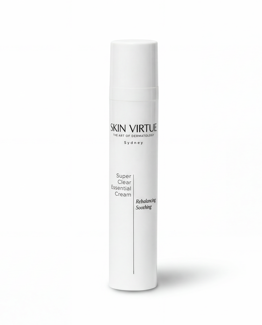 Skincare cream bottle labeled 'Skin Virtue' Super_Clear_Essential_Cream on a white background