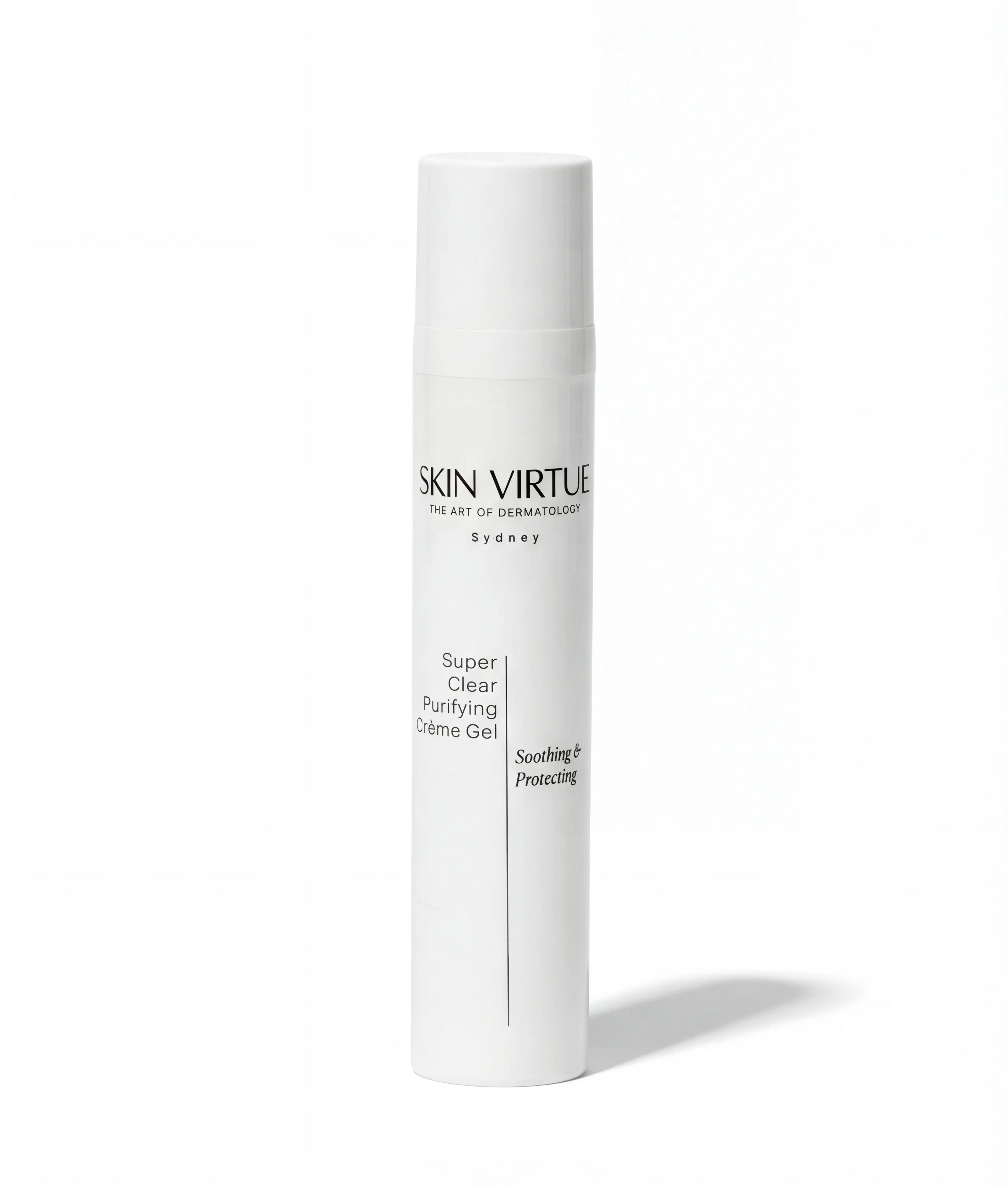 White cylindrical container with 'Skin Virtue' Super_Clear_Purifying_Creme_Gel branding on a white background