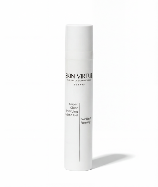 White cylindrical container with 'Skin Virtue' Super_Clear_Purifying_Creme_Gel branding on a white background