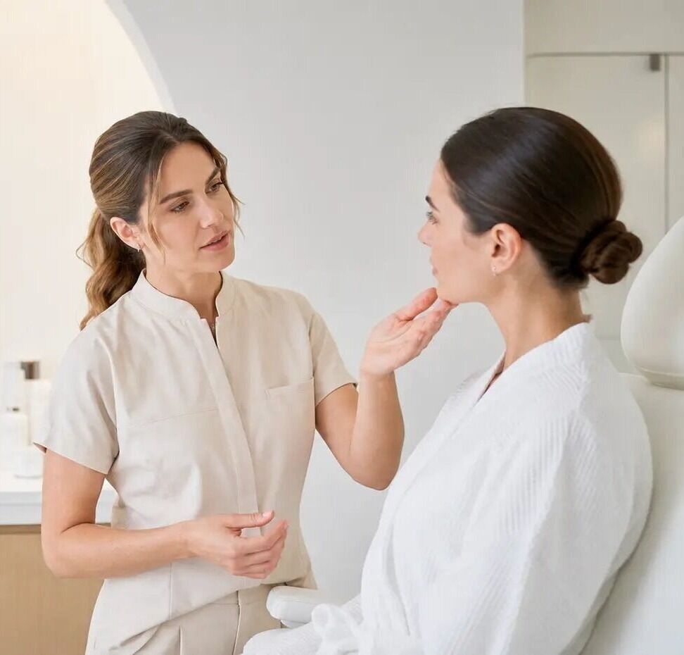 A skincare therapist in a beige uniform examines the face of a client wearing a white robe in a bright, modern treatment room.