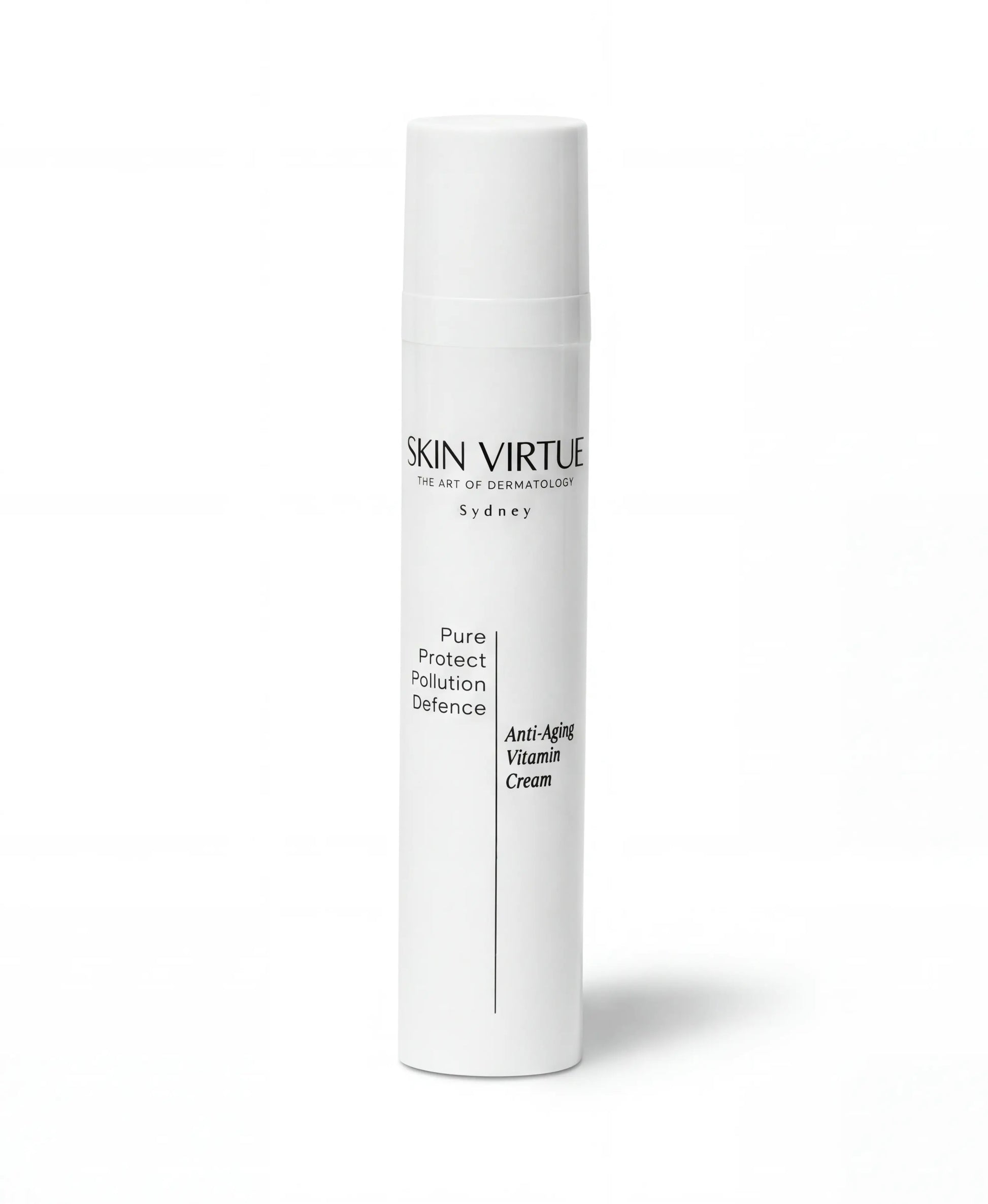 White skincare product tube with 'Skin Virtue' pure_protect_pollution_Defence branding on a white background